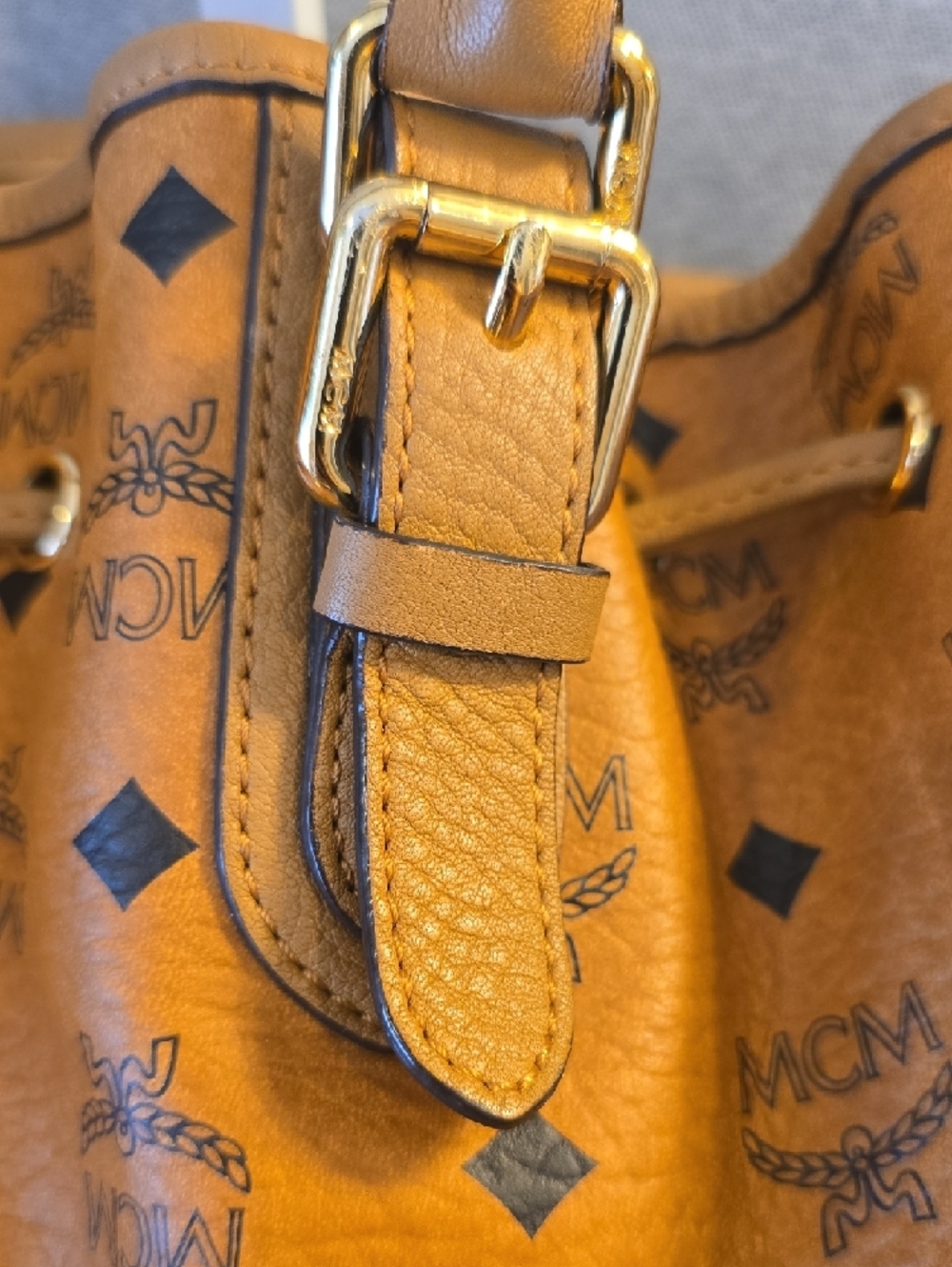 MCM Cognac Logo Drawstring Shoulder Bag with Gold Hardware - Picture 11 of 11